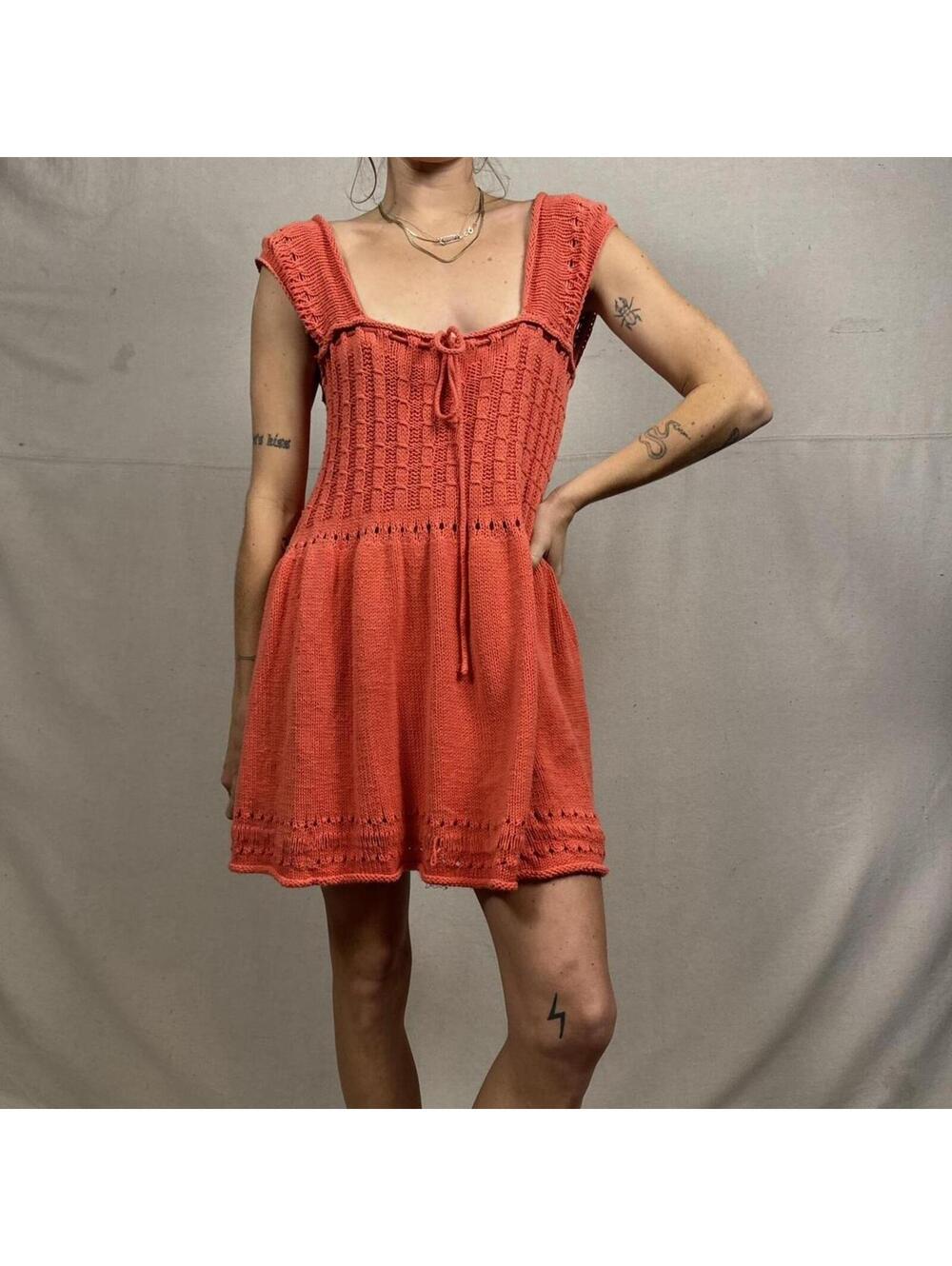 hand-knit coral mini dress romance summer swim cover crochet y2k beach summer
